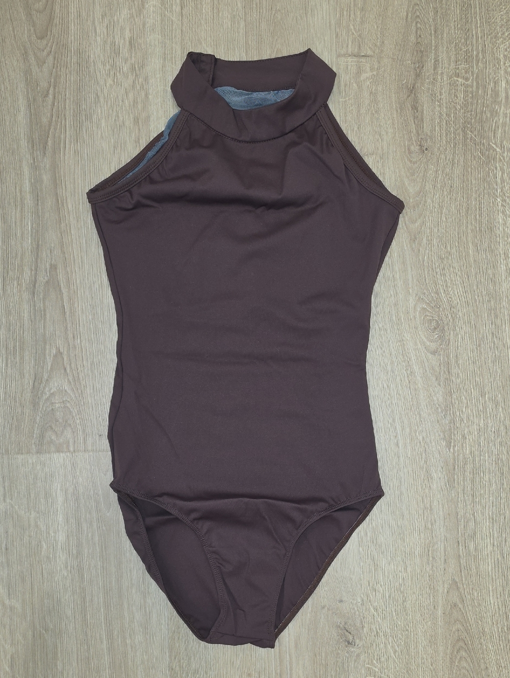 Sleeveless High Neck One-Piece Leotard With Back Mesh Design in Deep Brown